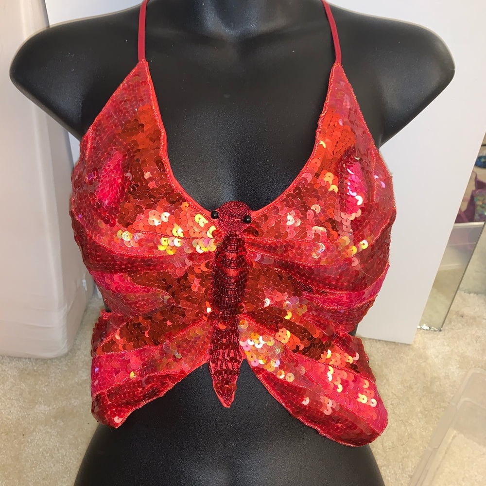 Red color music festival Sequin Butterfly Top XS/S